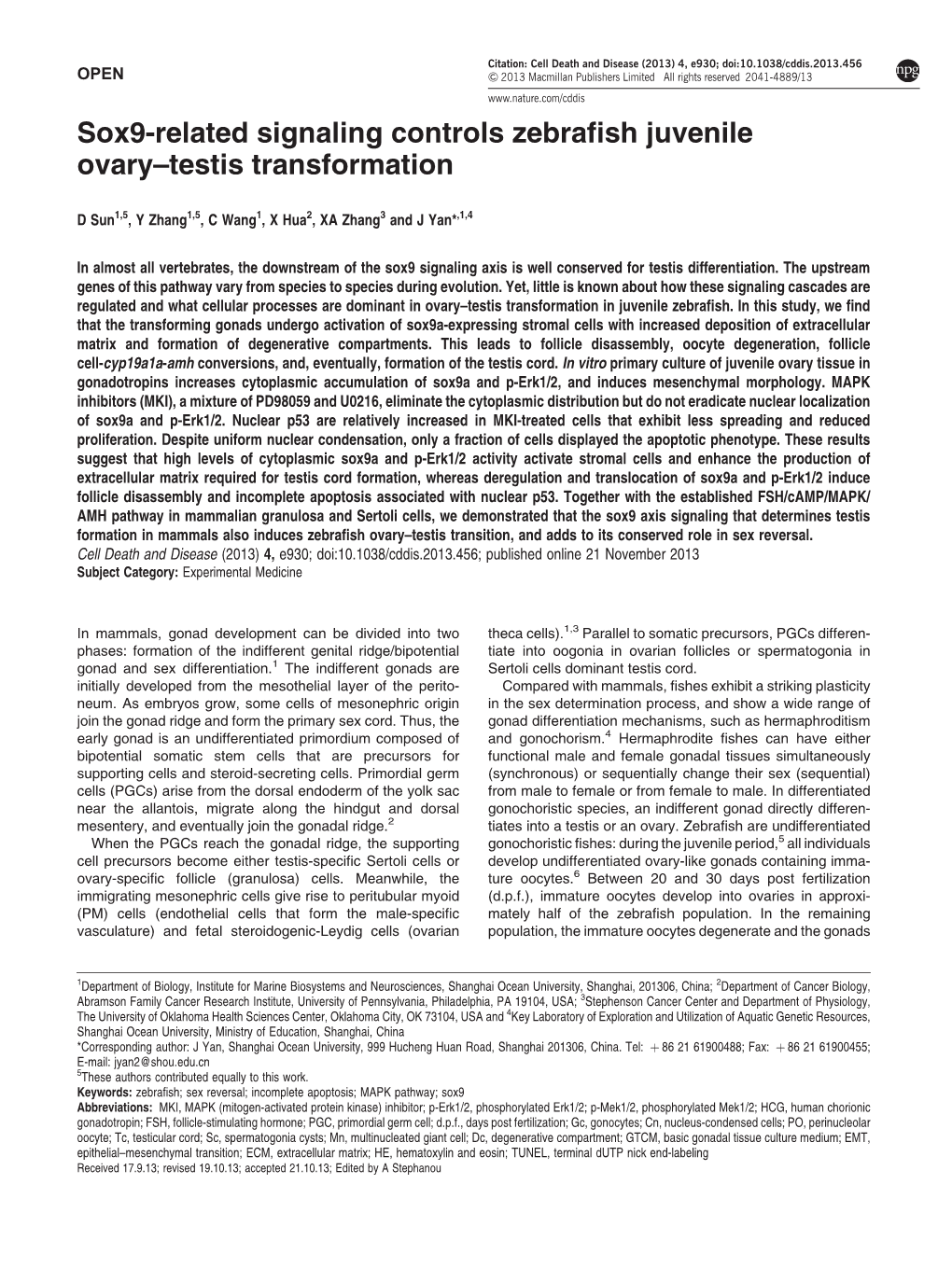 Sox9-Related Signaling Controls Zebrafish Juvenile Ovary&Ndash