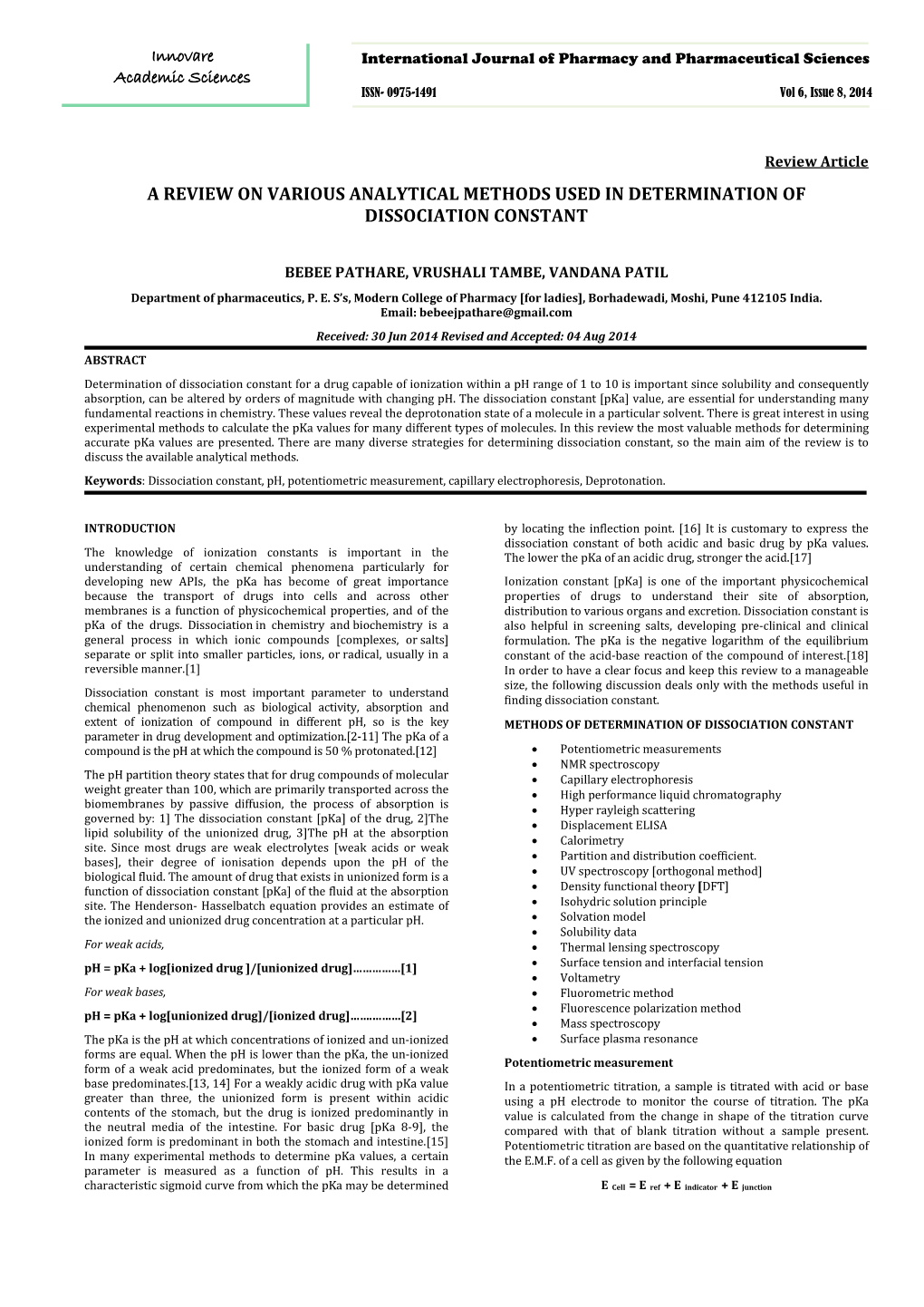 A Review on Various Analytical Methods Used in Determination of Dissociation Constant