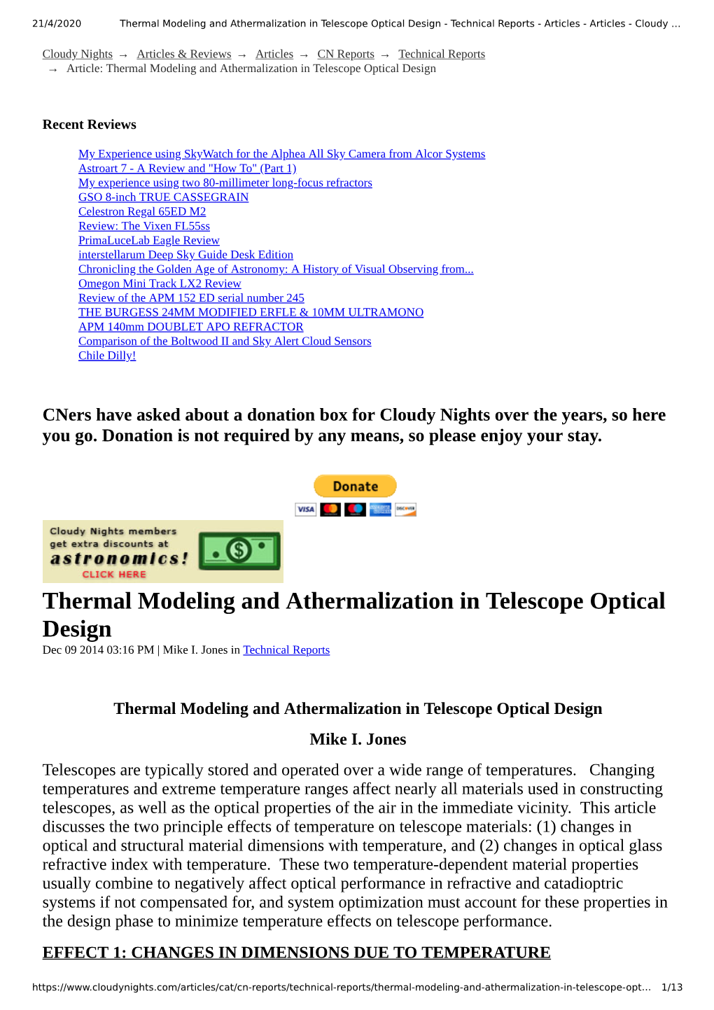 Thermal Modeling and Athermalization in Telescope Optical Design - Technical Reports - Articles - Articles - Cloudy …