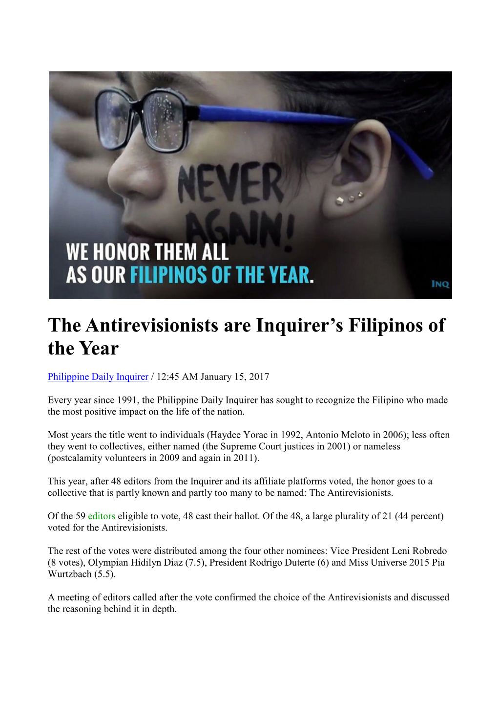 2016 Filipinos of the Year the Anti-Revisionists