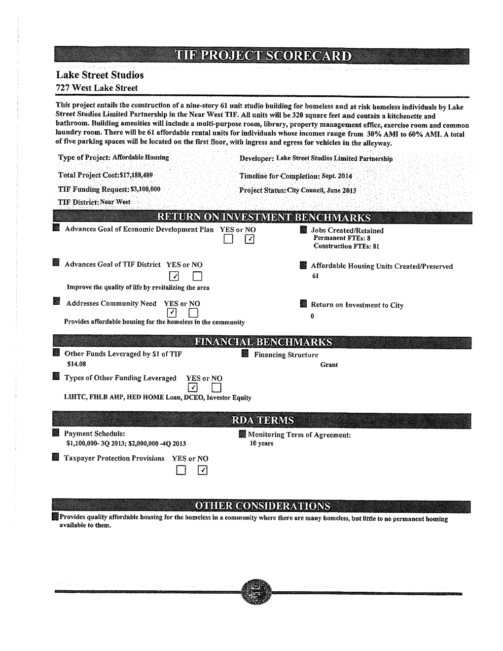 Lake Street Studios Lake Street Studios Limited Partnership TIF Developer Designation- Residential – May 2013