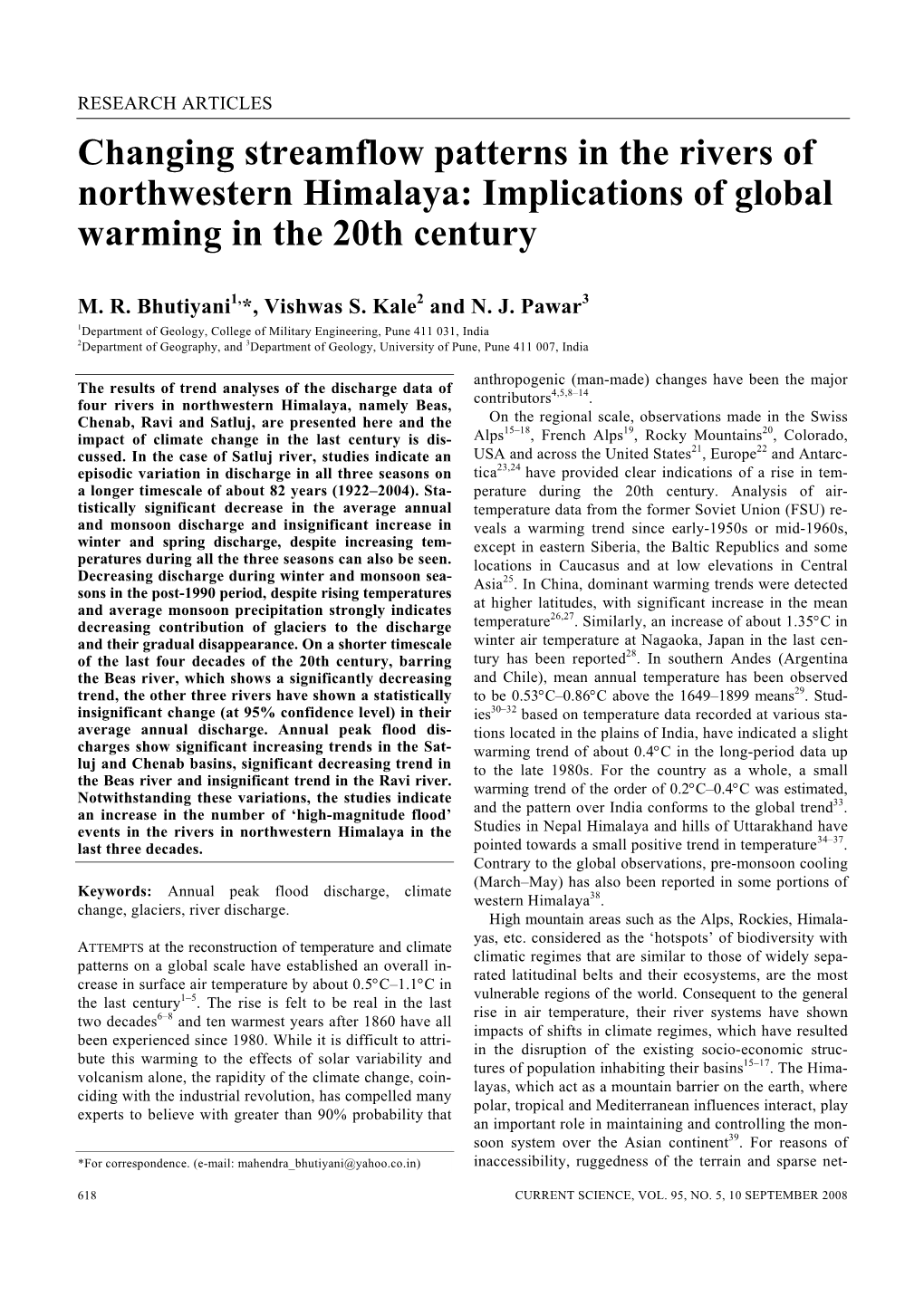 Changing Streamflow Patterns in the Rivers of Northwestern Himalaya: Implications of Global Warming in the 20Th Century