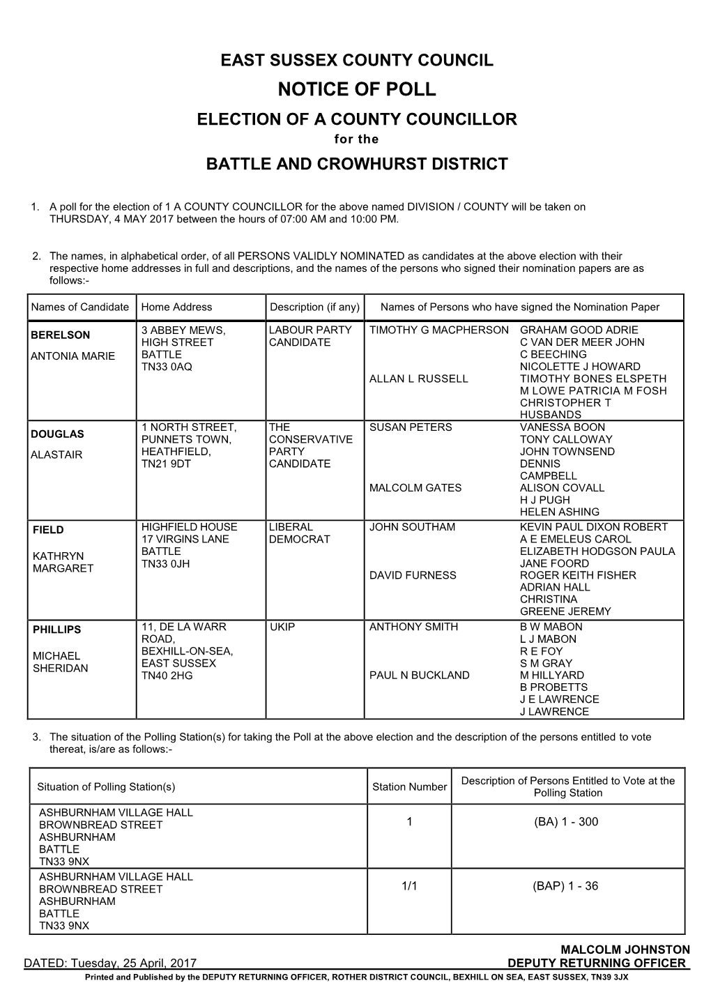 NOTICE of POLL ELECTION of a COUNTY COUNCILLOR for the BATTLE and CROWHURST DISTRICT