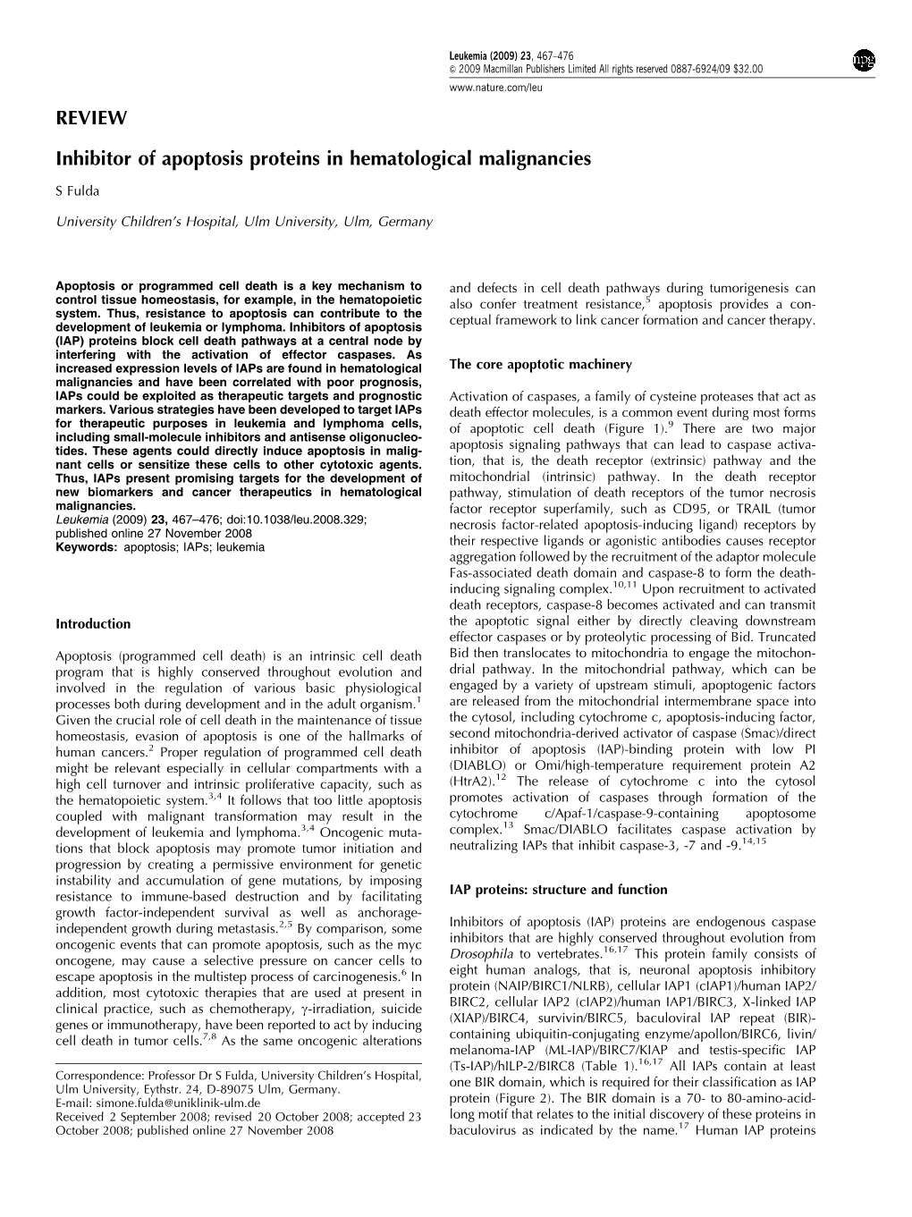 REVIEW Inhibitor of Apoptosis Proteins in Hematological