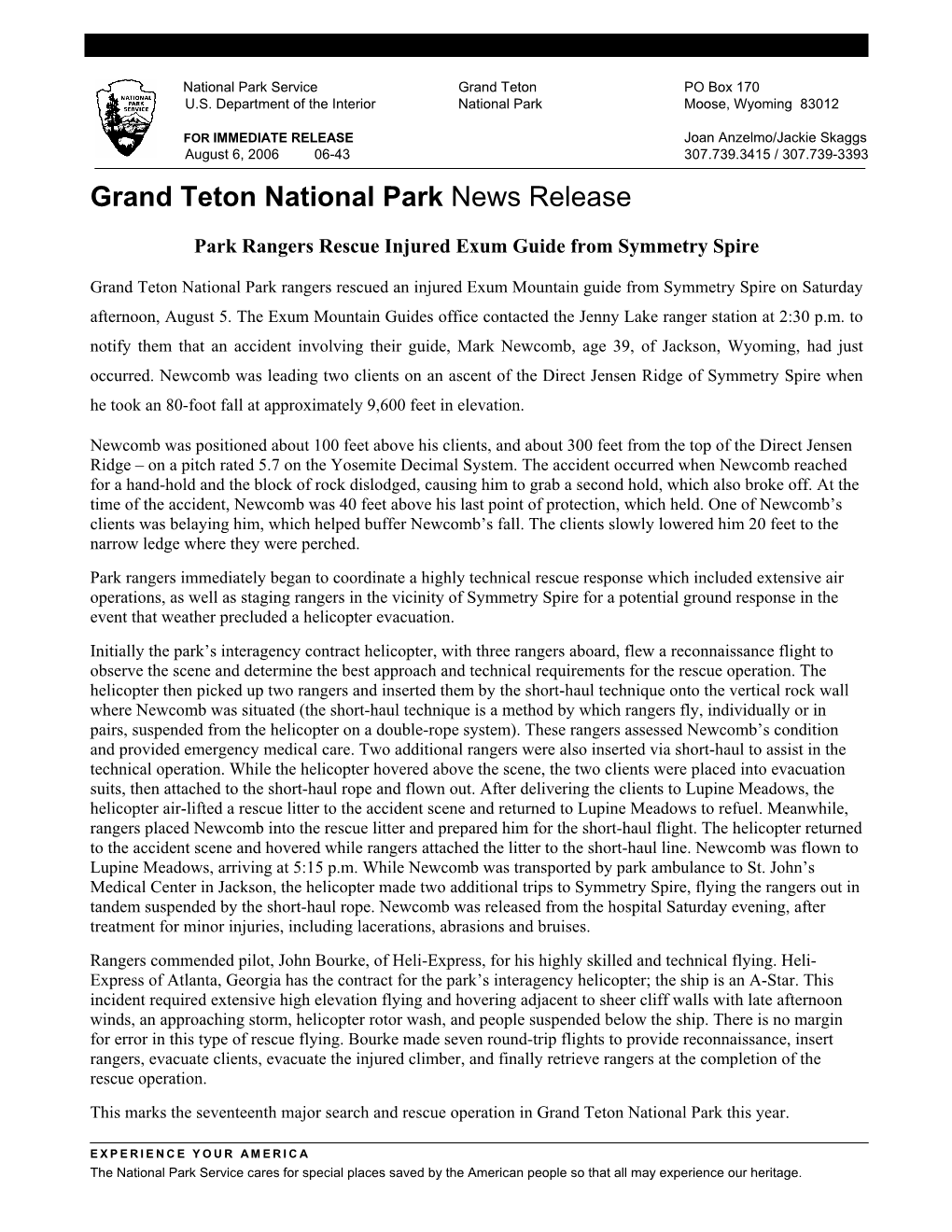 Grand Teton National Park News Release