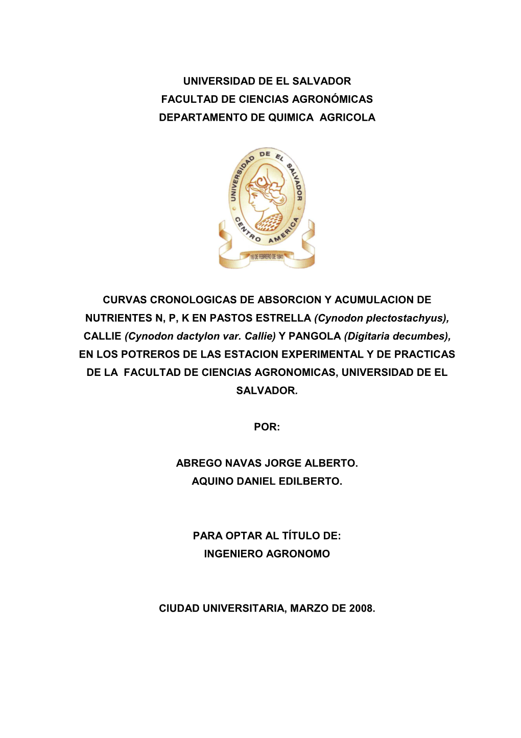 Universidad De El Salvador Facultad De Ciencias Agronómicas Departamento De Quimica Agricola