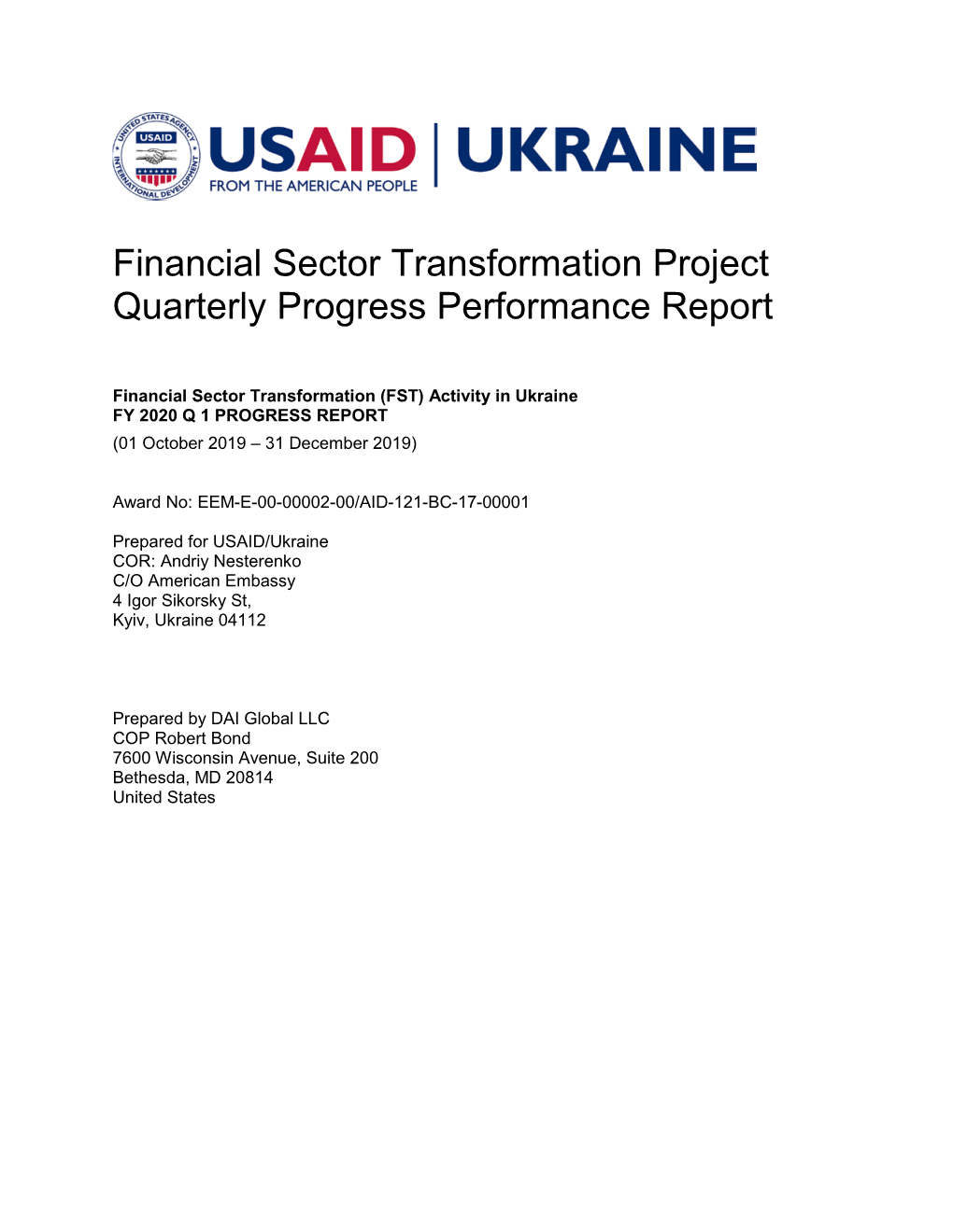 Financial Sector Transformation Project Quarterly Progress Performance Report