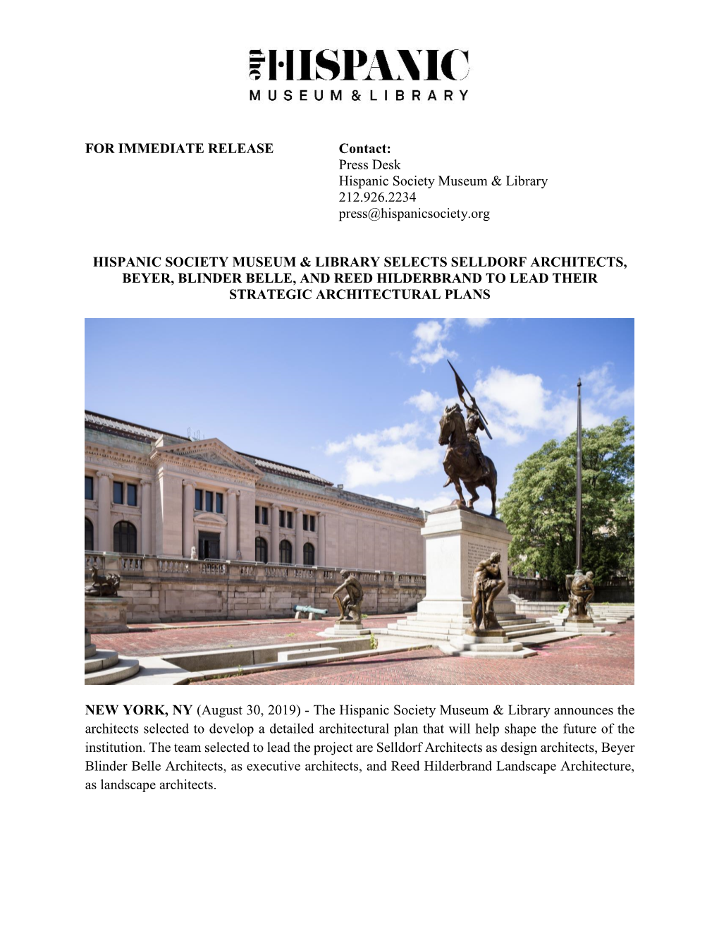 FOR IMMEDIATE RELEASE Contact: Press Desk Hispanic Society Museum & Library 212.926.2234 Press@Hispanicsociety.Org