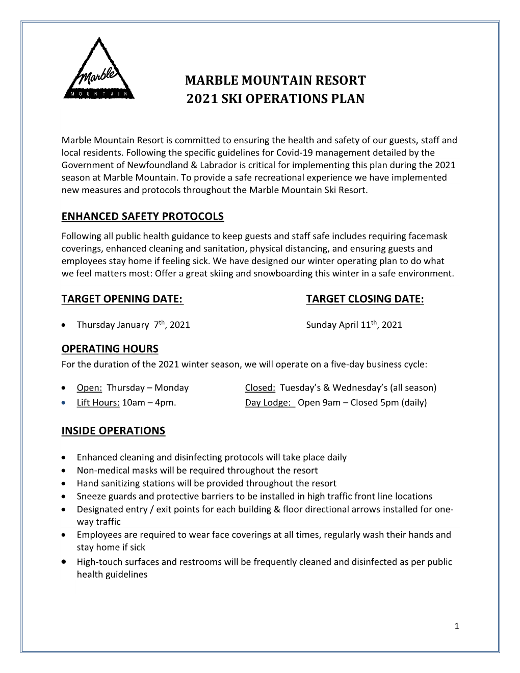 Marble Mountain Resort 2021 Ski Operations Plan