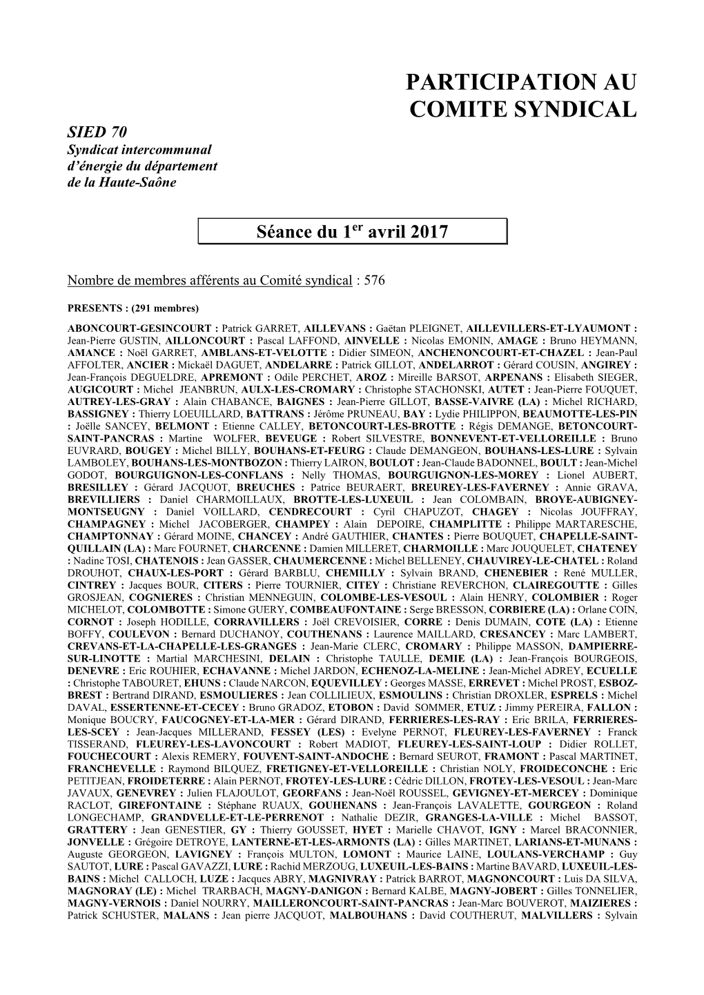 Liste De Présence À La Réunion Du 01 Avril 2017