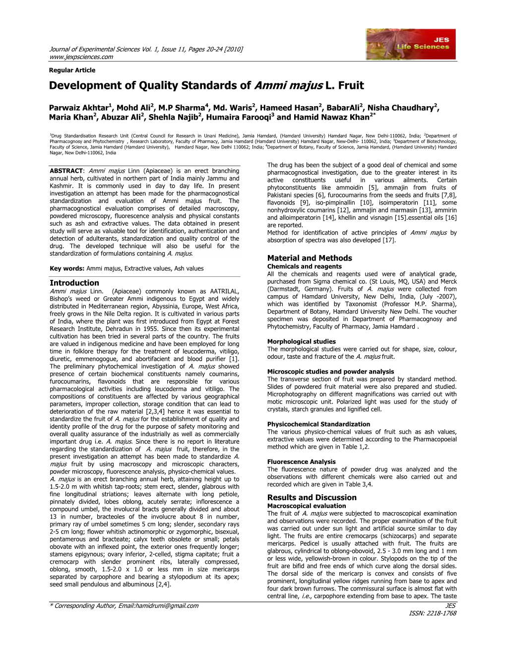 Development of Quality Standards of Ammi Majus L. Fruit