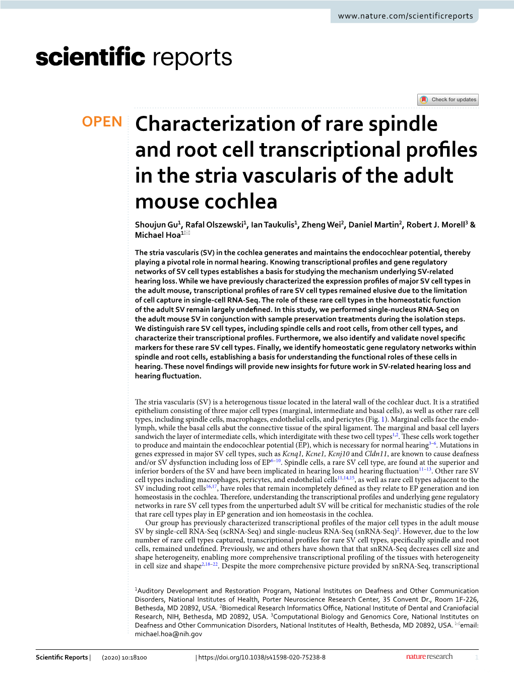 Characterization of Rare Spindle and Root Cell Transcriptional Profiles in the Stria Vascularis of the Adult Mouse Cochlea
