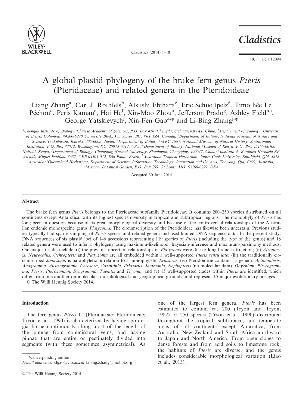 A Global Plastid Phylogeny of the Brake Fern Genus Pteris (Pteridaceae) and Related Genera in the Pteridoideae