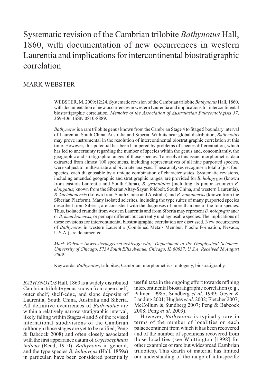 Systematic Revision of the Cambrian Trilobite Bathynotus Hall, 1860, With