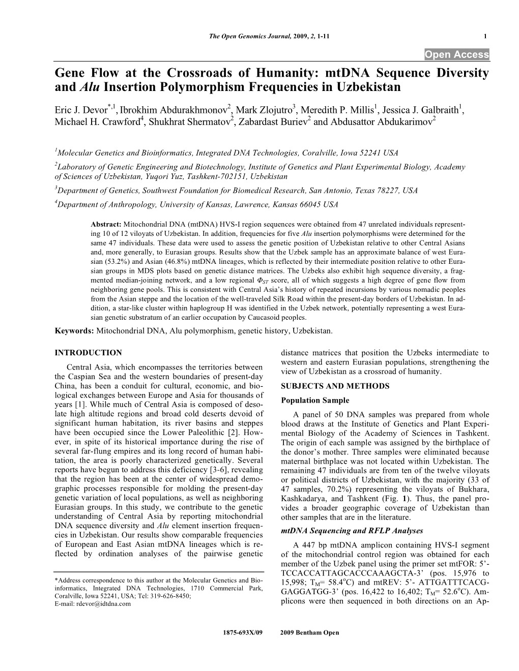 Gene Flow at the Crossroads of Humanity: Mtdna Sequence Diversity and Alu Insertion Polymorphism Frequencies in Uzbekistan