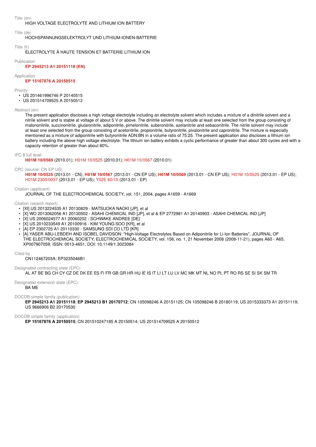 (En) HIGH VOLTAGE ELECTROLYTE and LITHIUM ION BATTERY Title