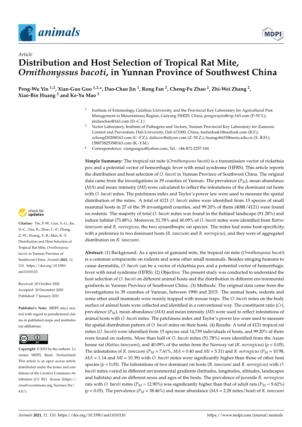 Distribution and Host Selection of Tropical Rat Mite, Ornithonyssus Bacoti, in Yunnan Province of Southwest China