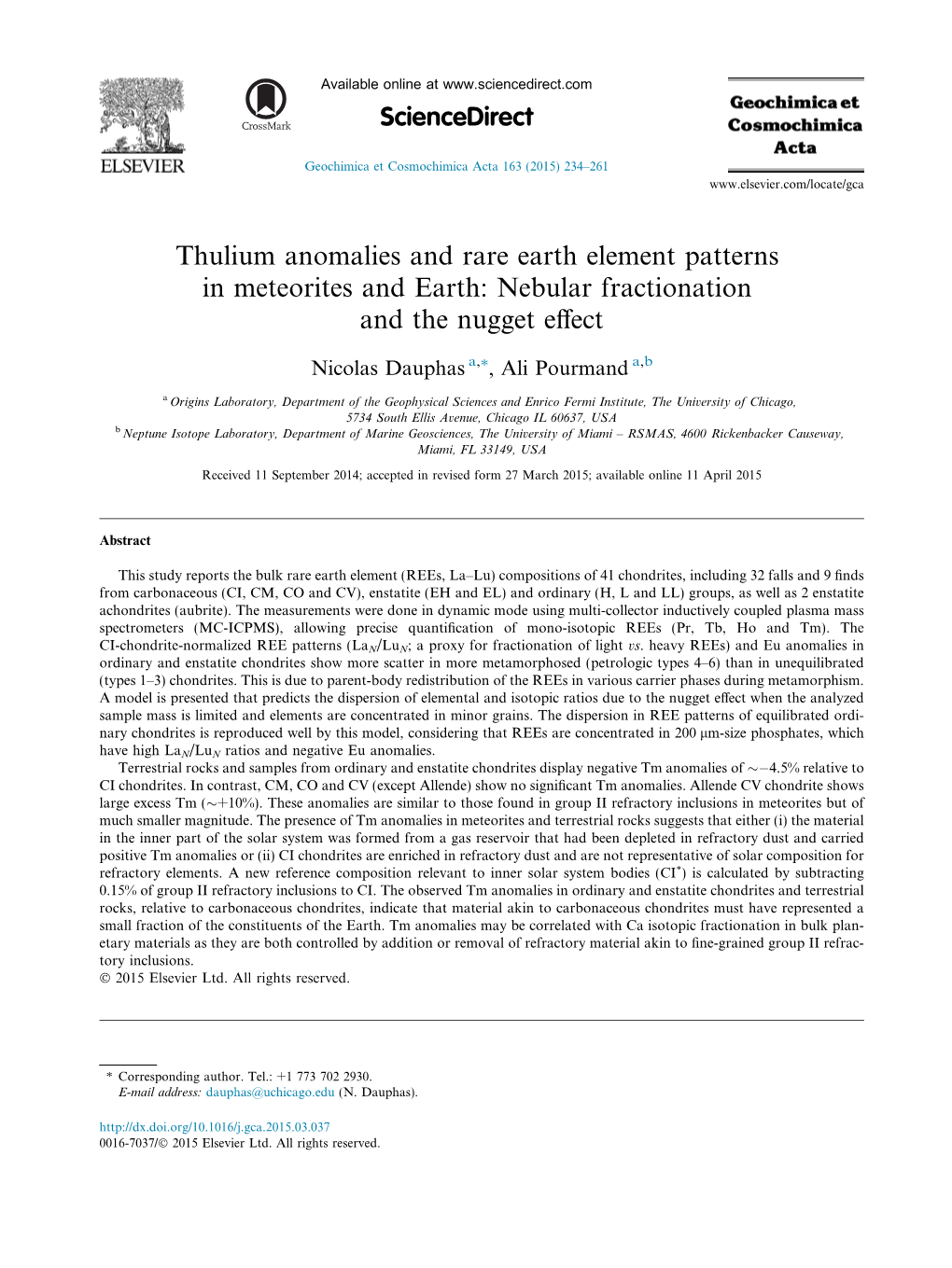 Thulium Anomalies and Rare Earth Element Patterns in Meteorites and Earth: Nebular Fractionation and the Nugget Eﬀect