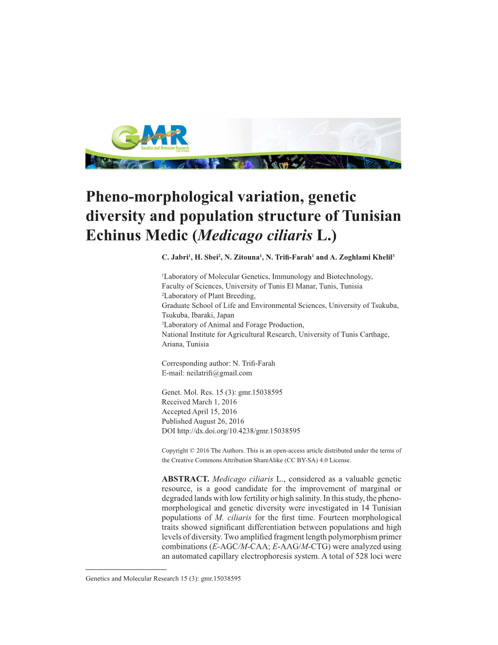 Pheno-Morphological Variation, Genetic Diversity and Population Structure of Tunisian Echinus Medic (Medicago Ciliaris L.)