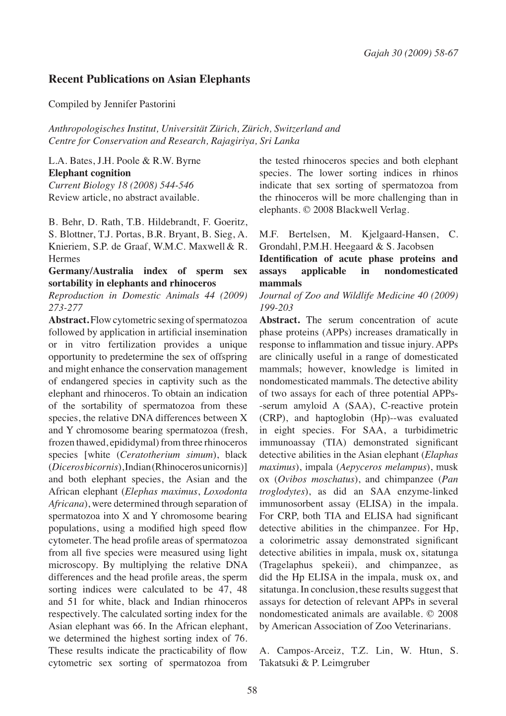 Recent Publications on Asian Elephants