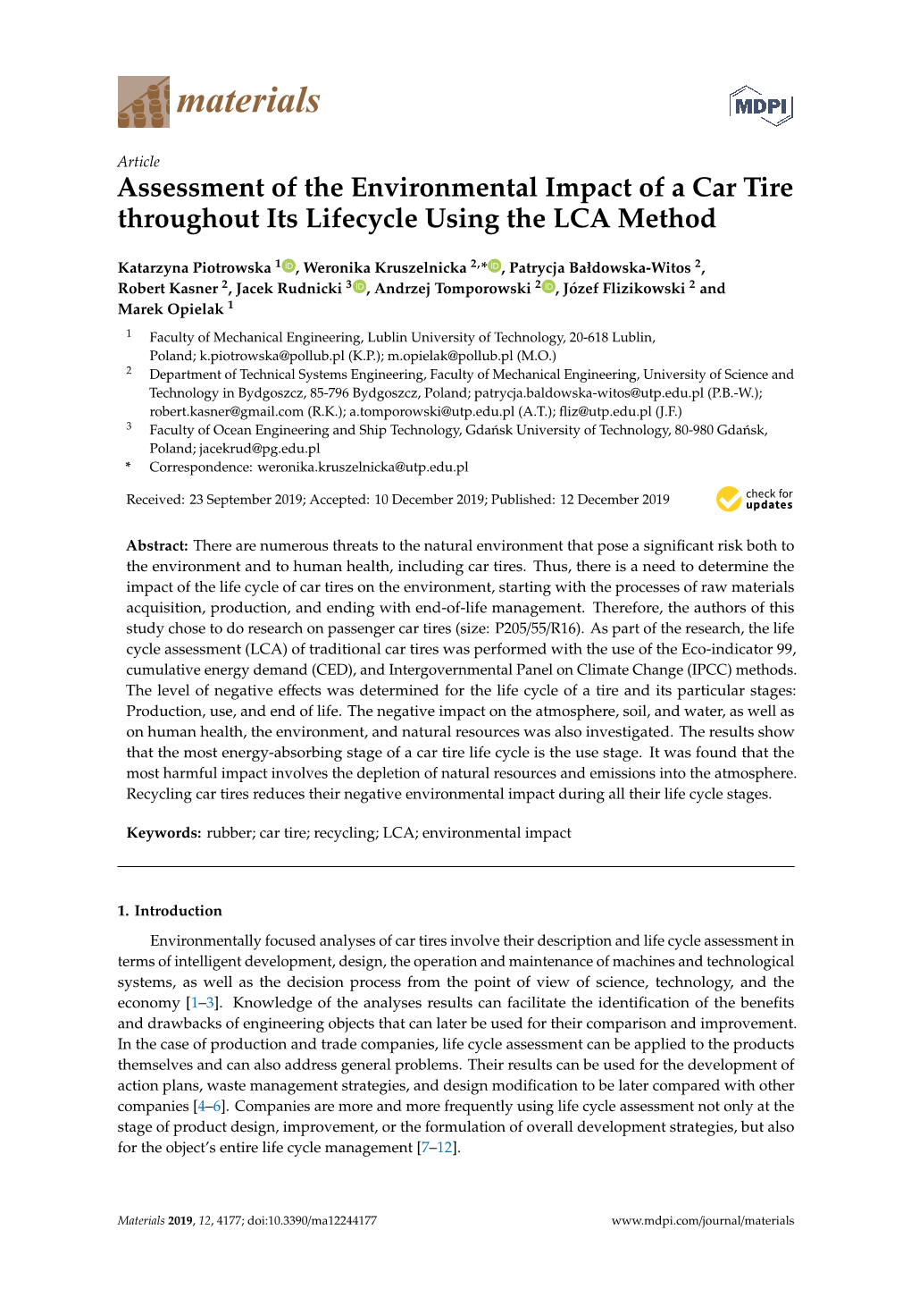 Assessment of the Environmental Impact of a Car Tire Throughout Its Lifecycle Using the LCA Method