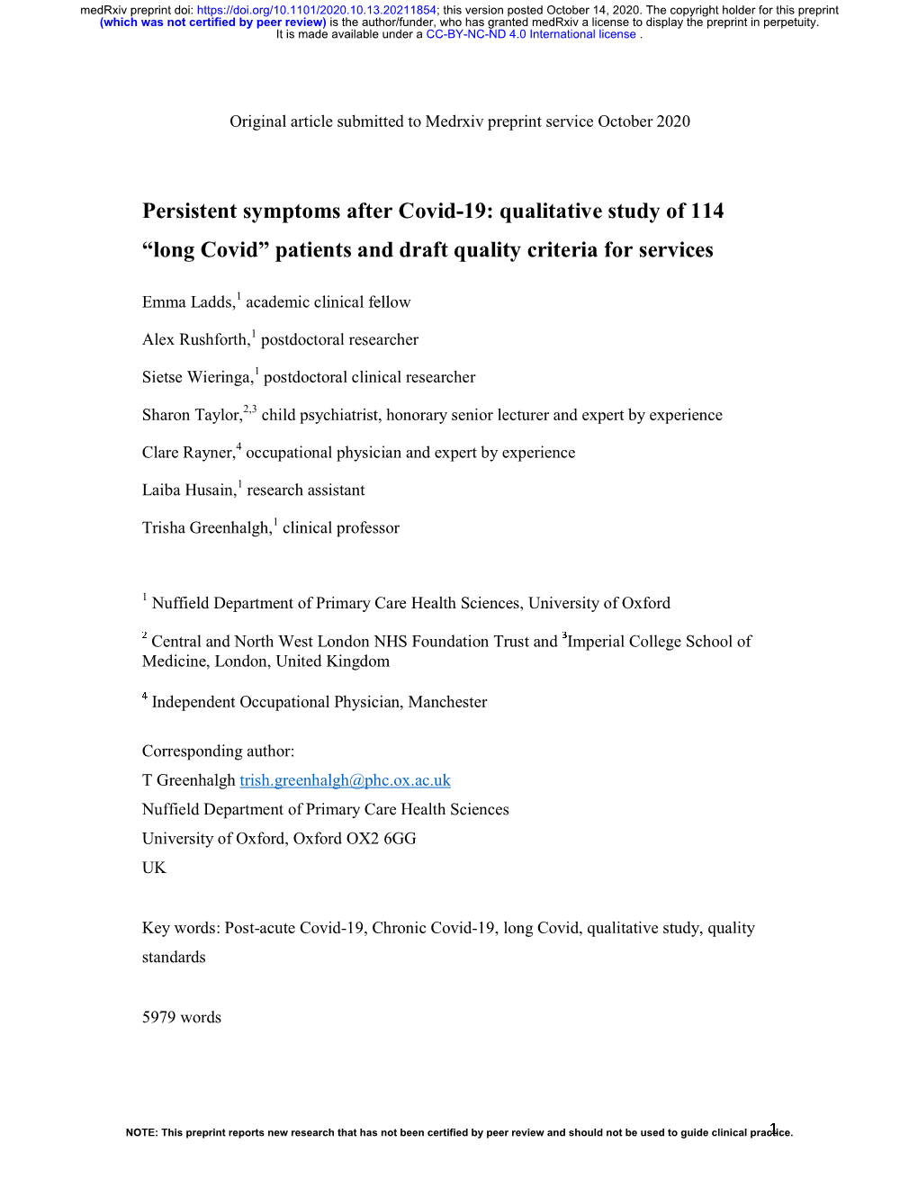 Persistent Symptoms After Covid-19: Qualitative Study of 114 “Long Covid” Patients and Draft Quality Criteria for Services