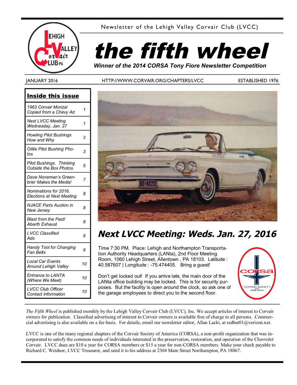 The Fifth Wheel Winner of the 2014 CORSA Tony Fiore Newsletter Competition