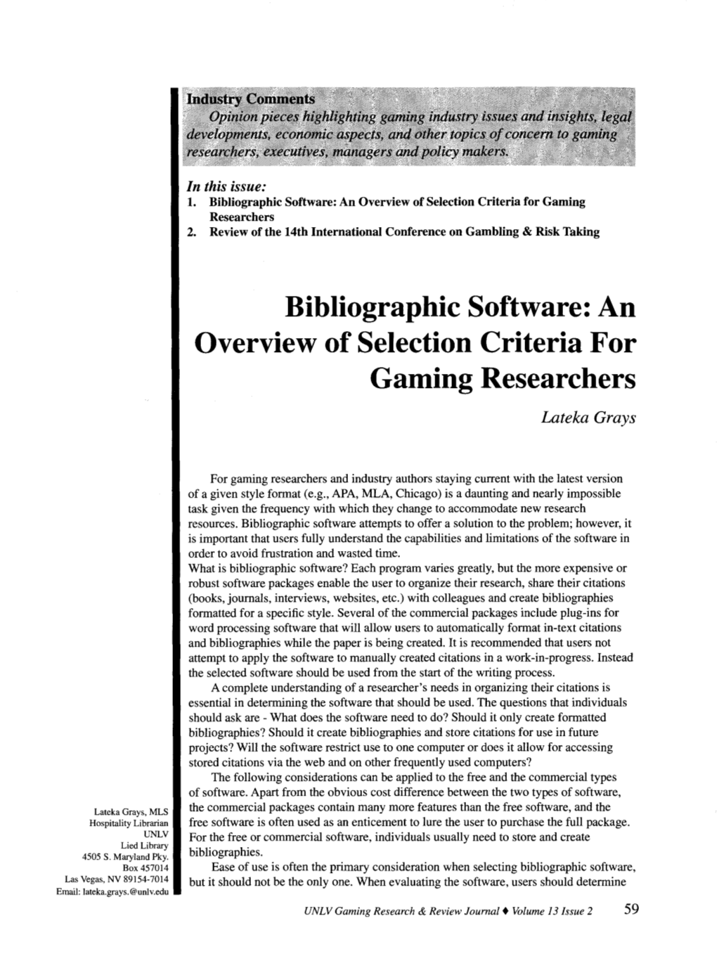 Bibliographic Software: an Overview of Selection Criteria for Gaming Researchers 2