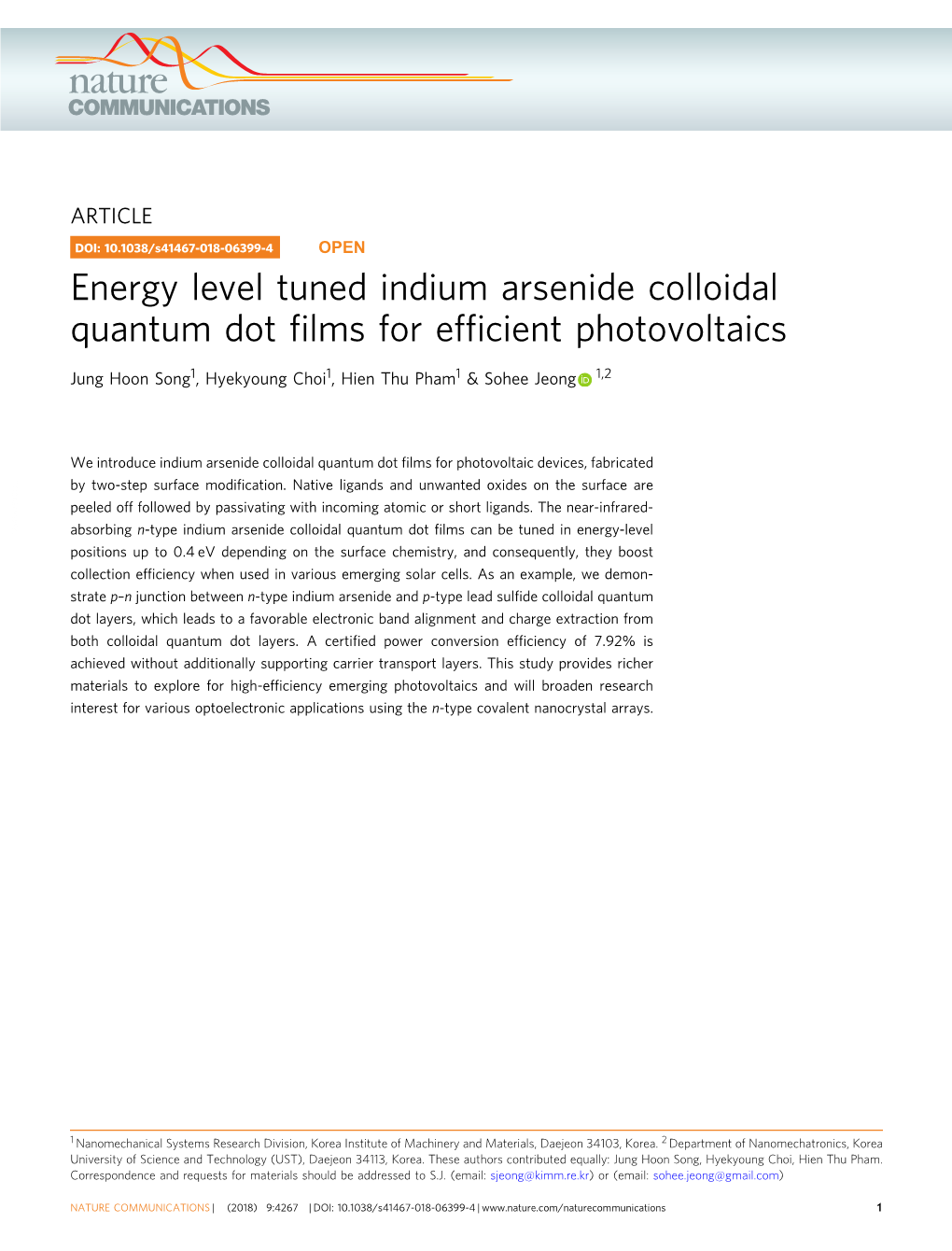 Energy Level Tuned Indium Arsenide Colloidal Quantum Dot Films For