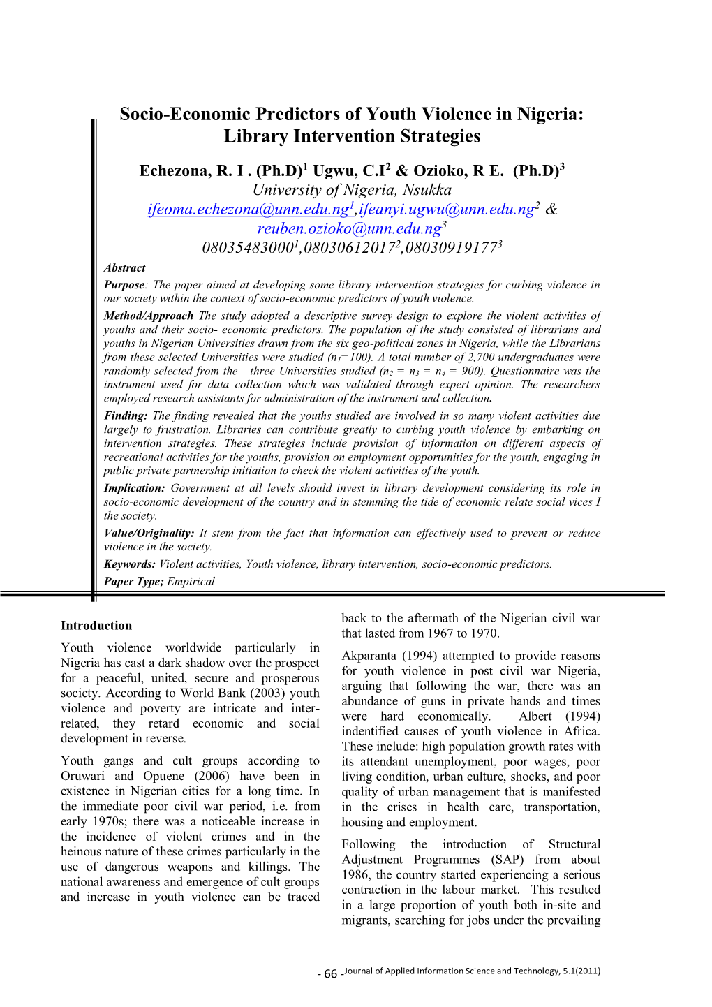 Socio-Economic Predictors of Youth Violence in Nigeria: Library Intervention Strategies