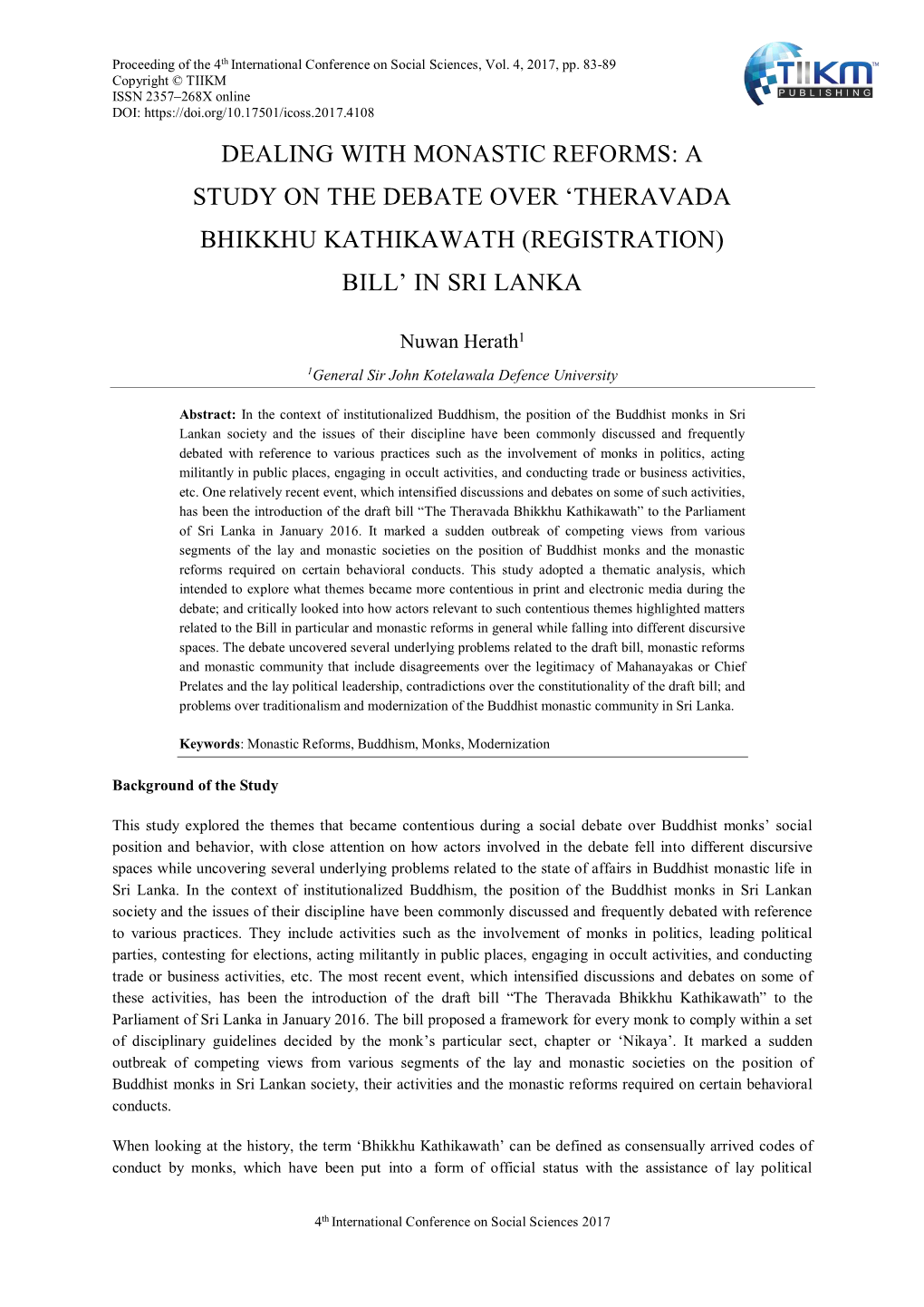 Dealing with Monastic Reforms: a Study on the Debate Over ‘Theravada Bhikkhu Kathikawath (Registration) Bill’ in Sri Lanka