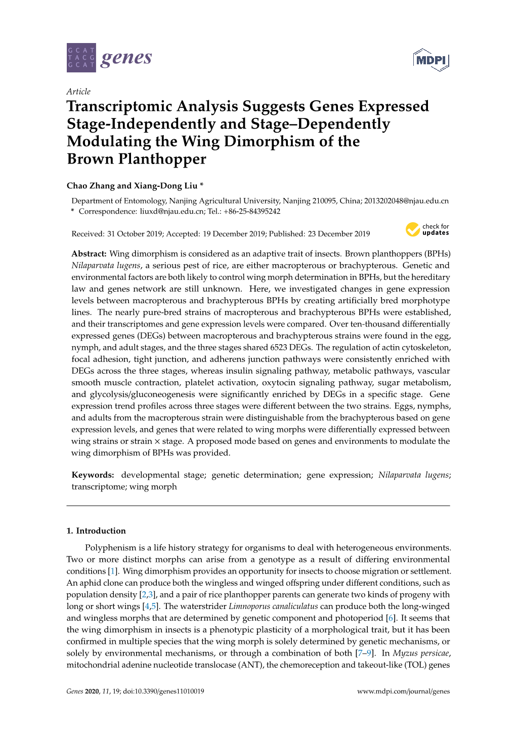 Transcriptomic Analysis Suggests Genes Expressed Stage-Independently and Stage–Dependently Modulating the Wing Dimorphism of the Brown Planthopper