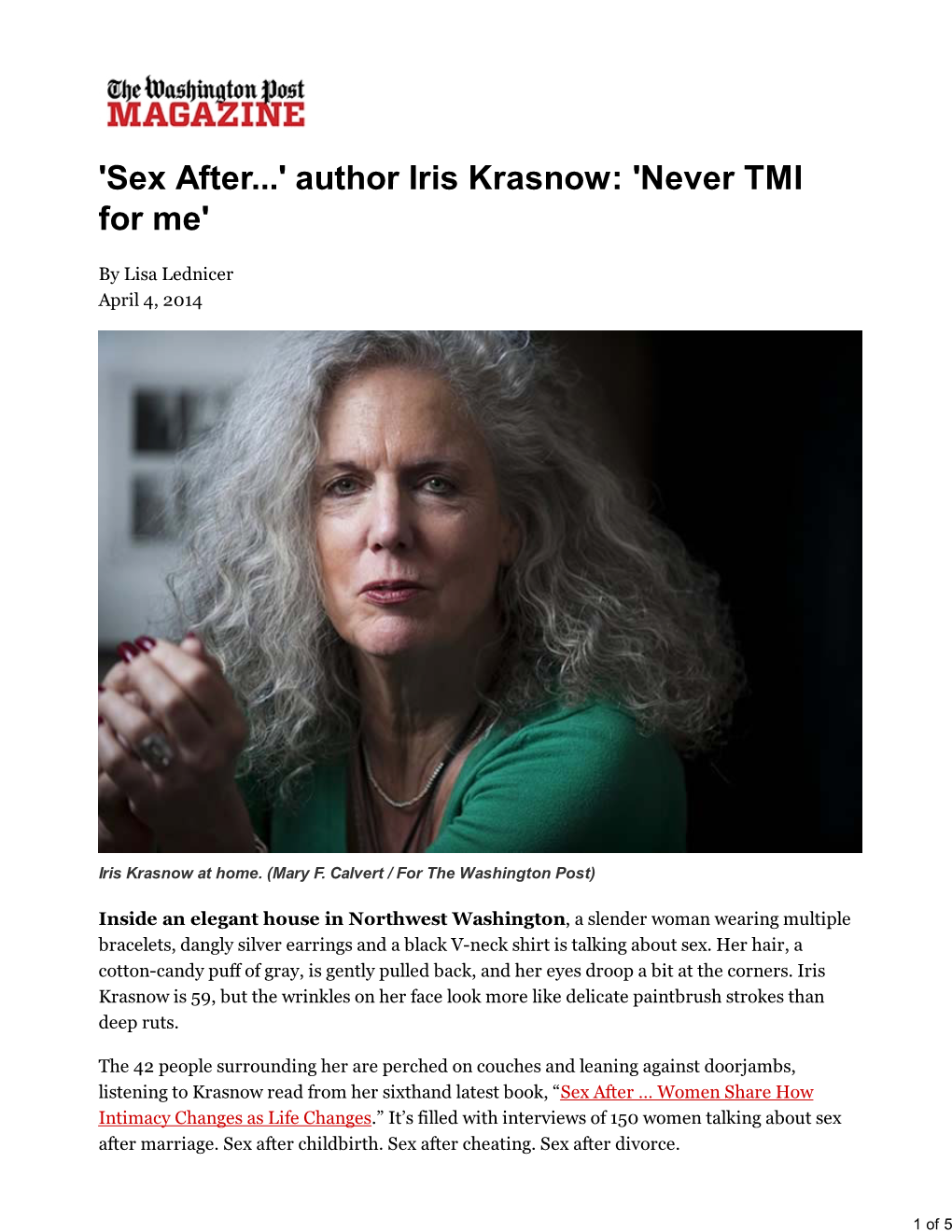 Washington Post Magazine | 'Sex After...' Author Iris Krasnow: 'Never TMI