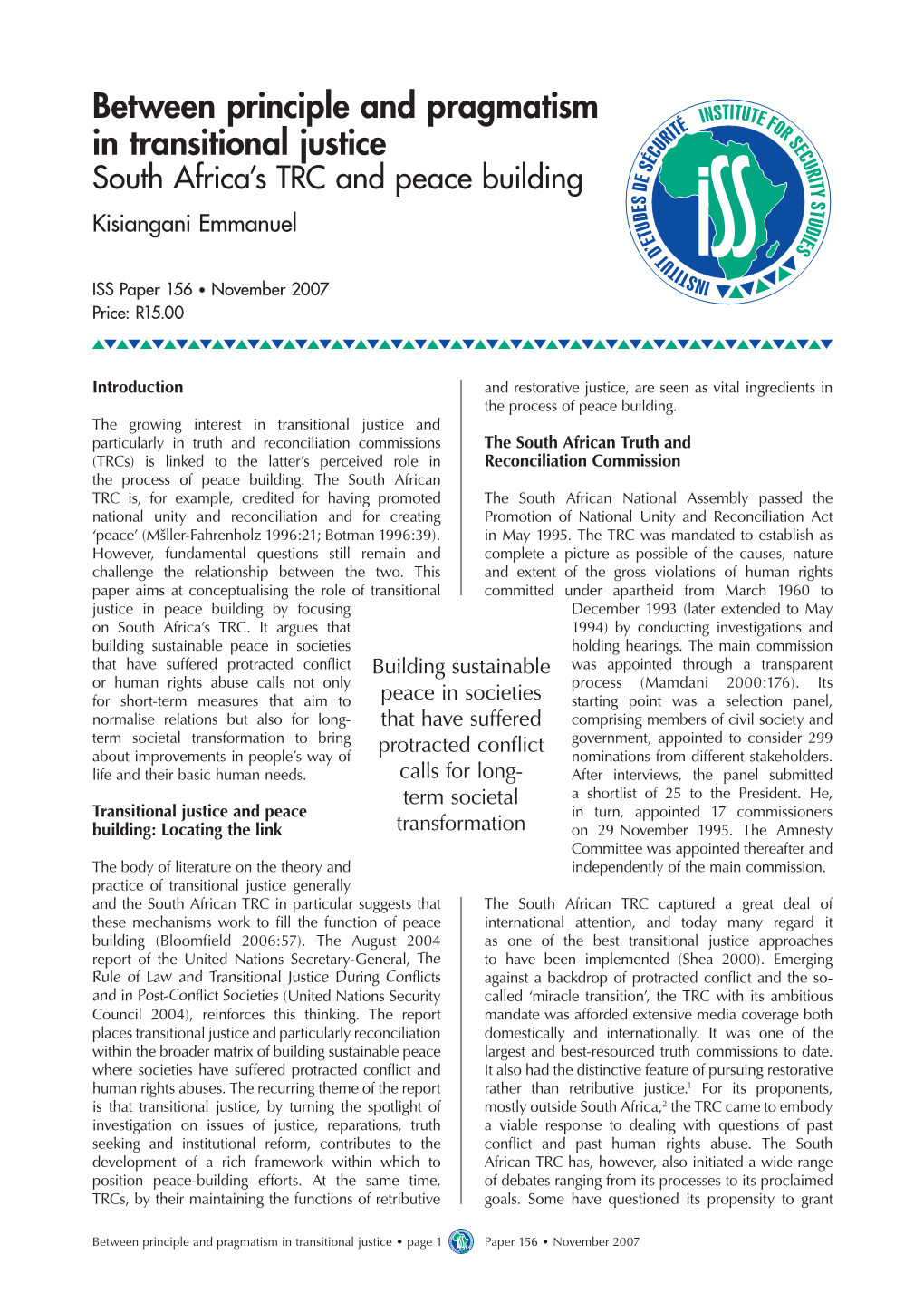 Between Principle and Pragmatism in Transitional Justice South Africa’S TRC and Peace Building Kisiangani Emmanuel