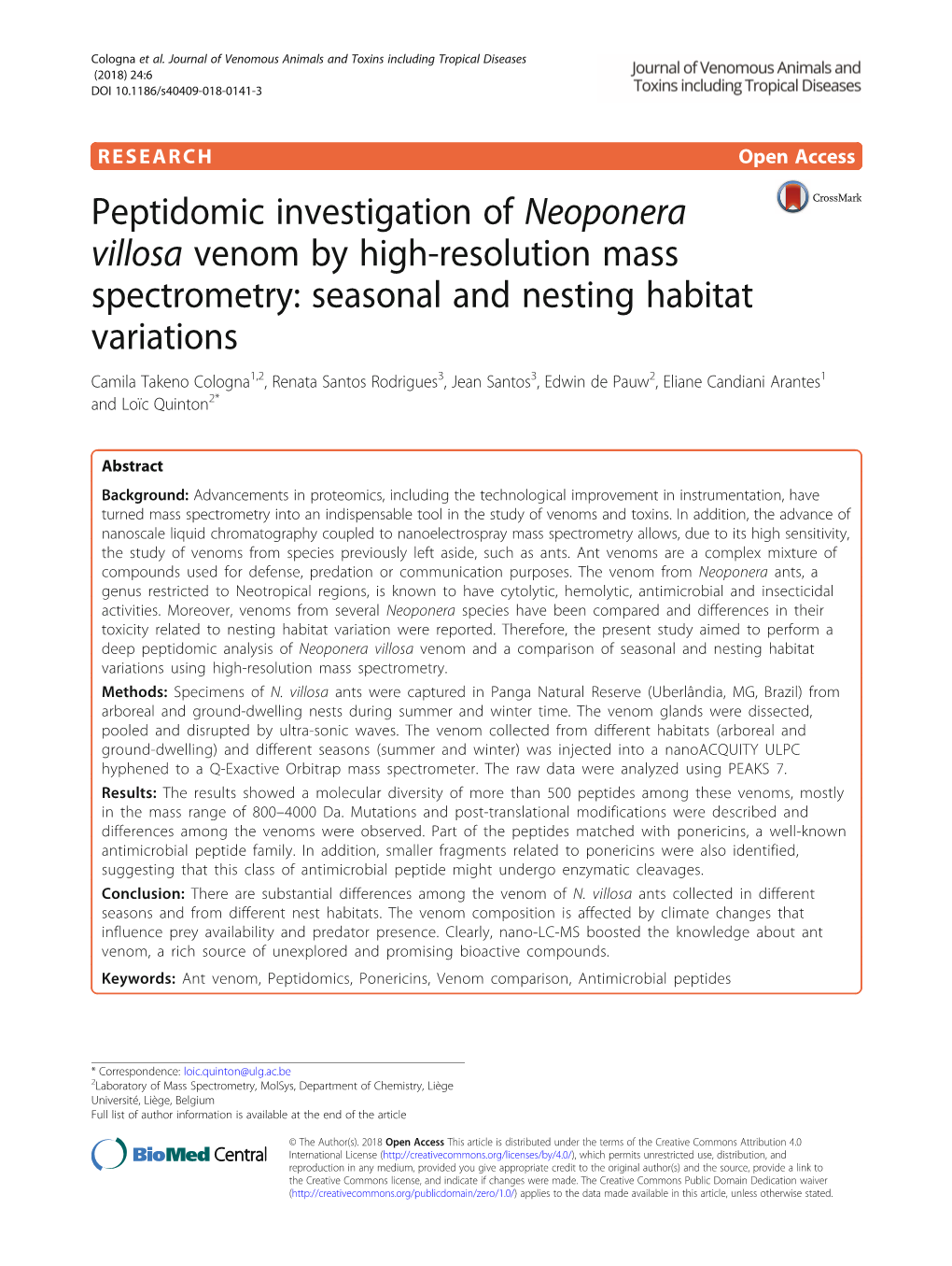 Peptidomic Investigation of Neoponera Villosa Venom by High-Resolution Mass Spectrometry: Seasonal and Nesting Habitat Variation