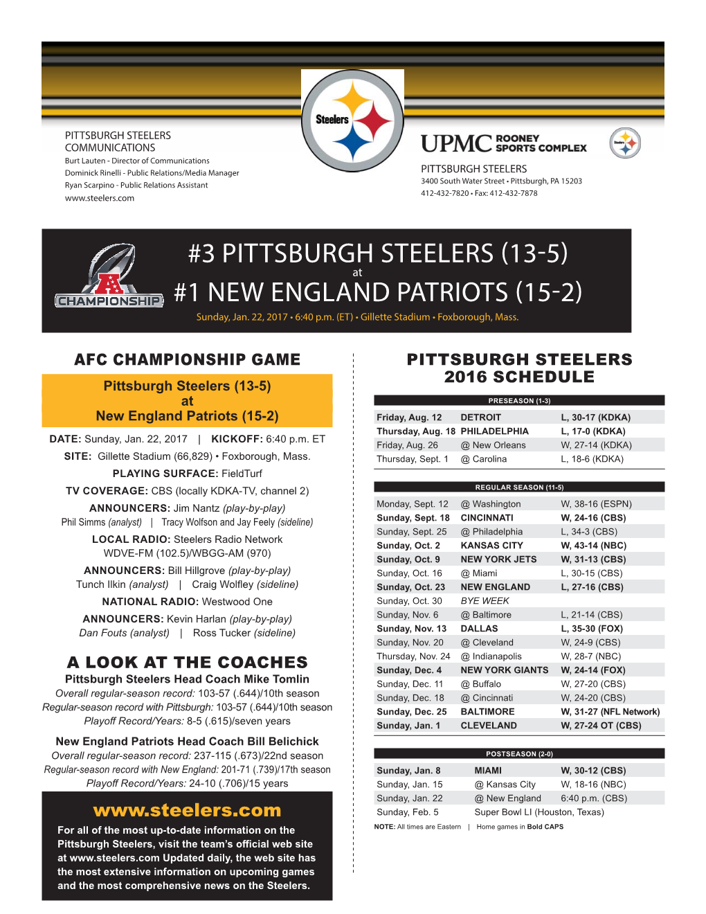 3 Pittsburgh Steelers (13-5) #1 New England