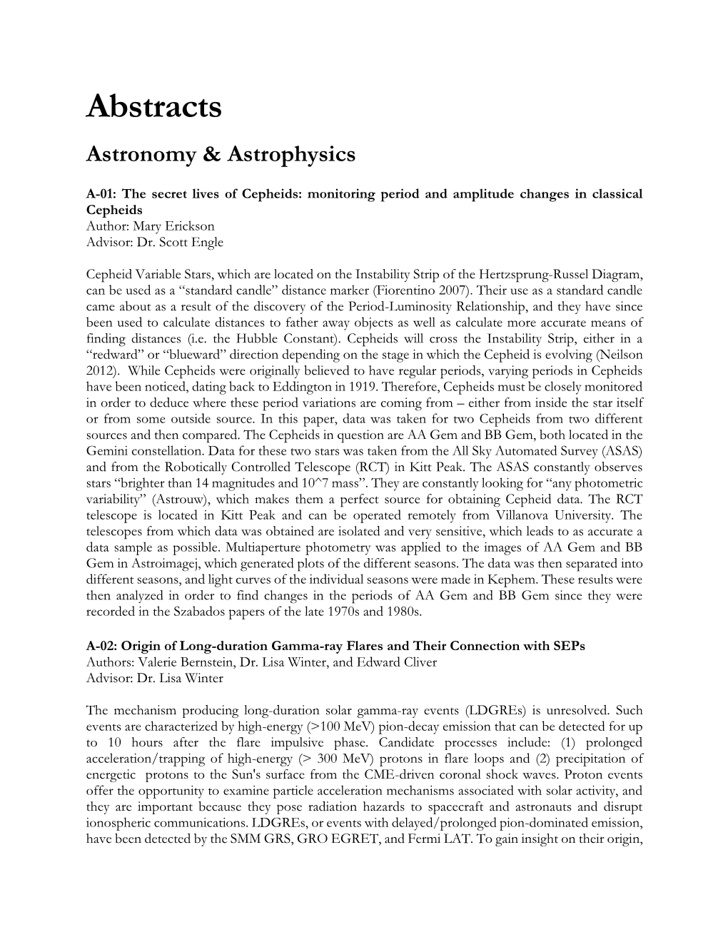 Abstracts Astronomy & Astrophysics