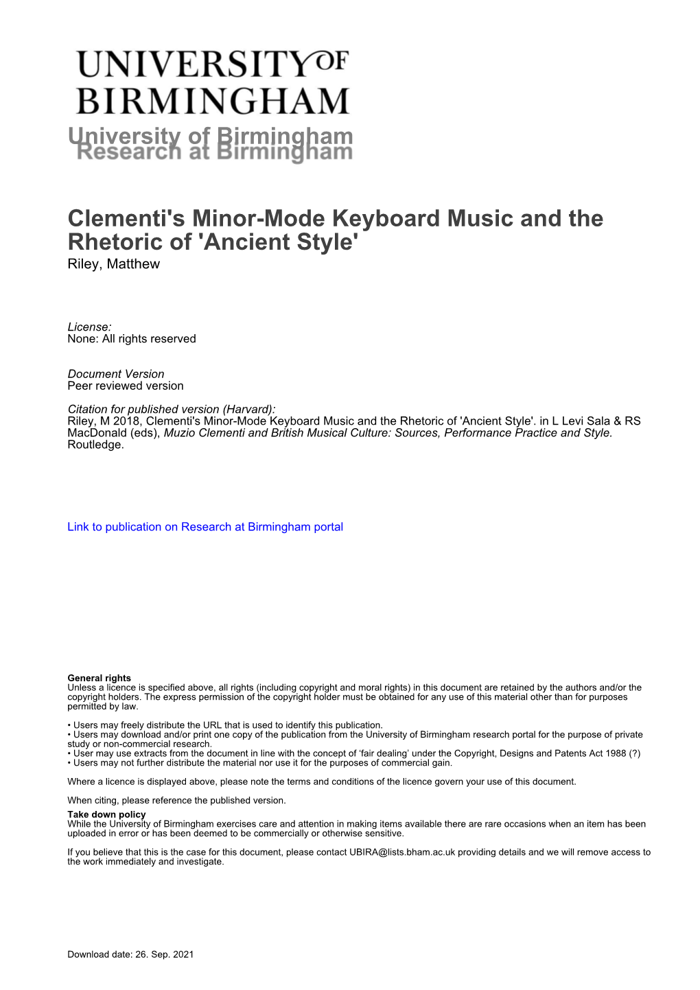 University of Birmingham Clementi's Minor-Mode