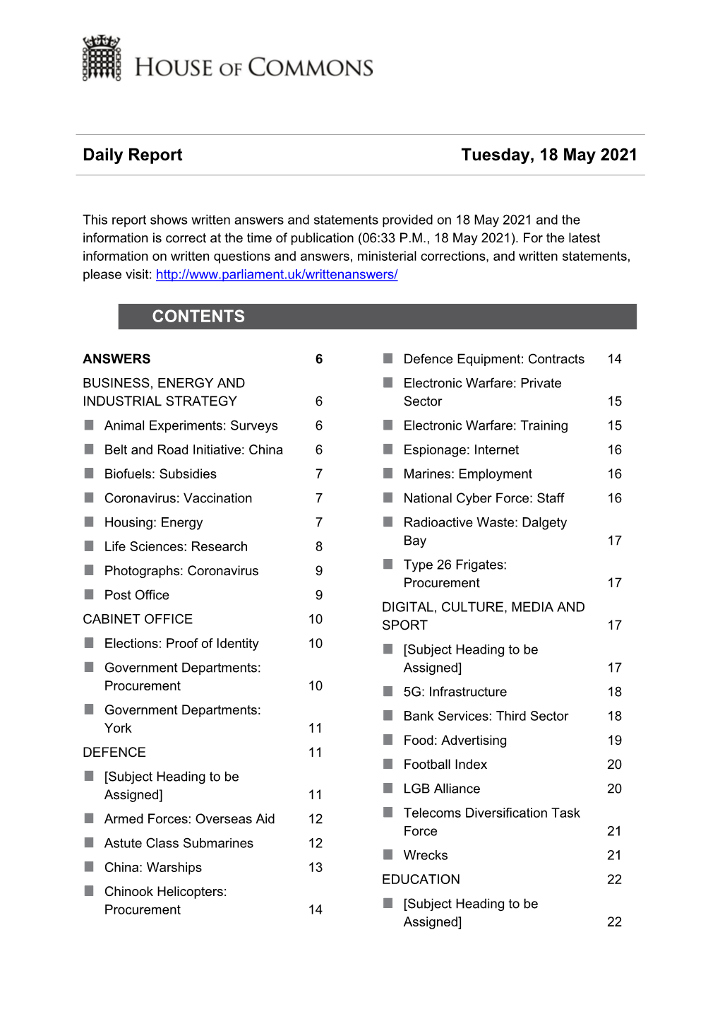 Daily Report Tuesday, 18 May 2021 CONTENTS
