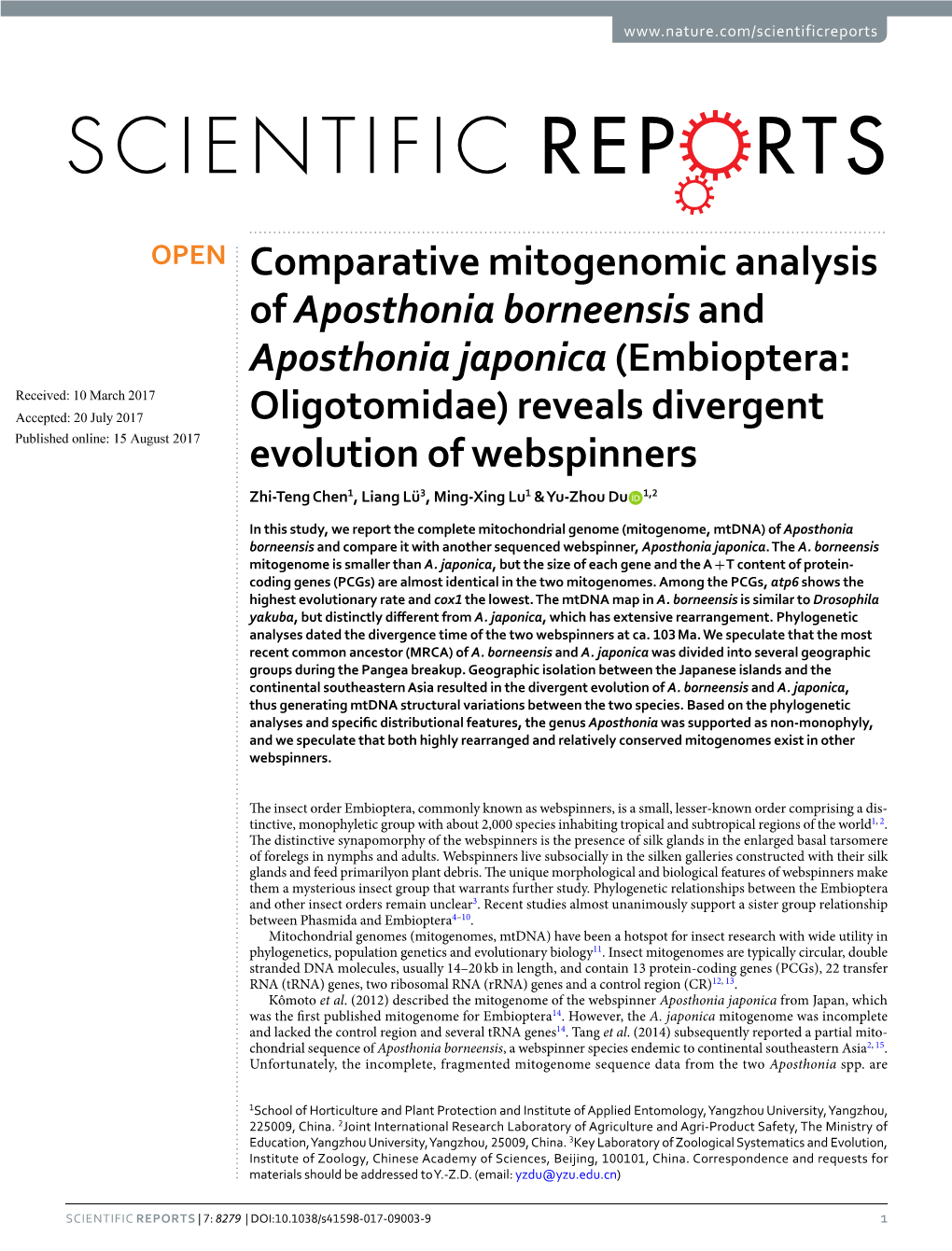 Comparative Mitogenomic Analysis of Aposthonia Borneensisand