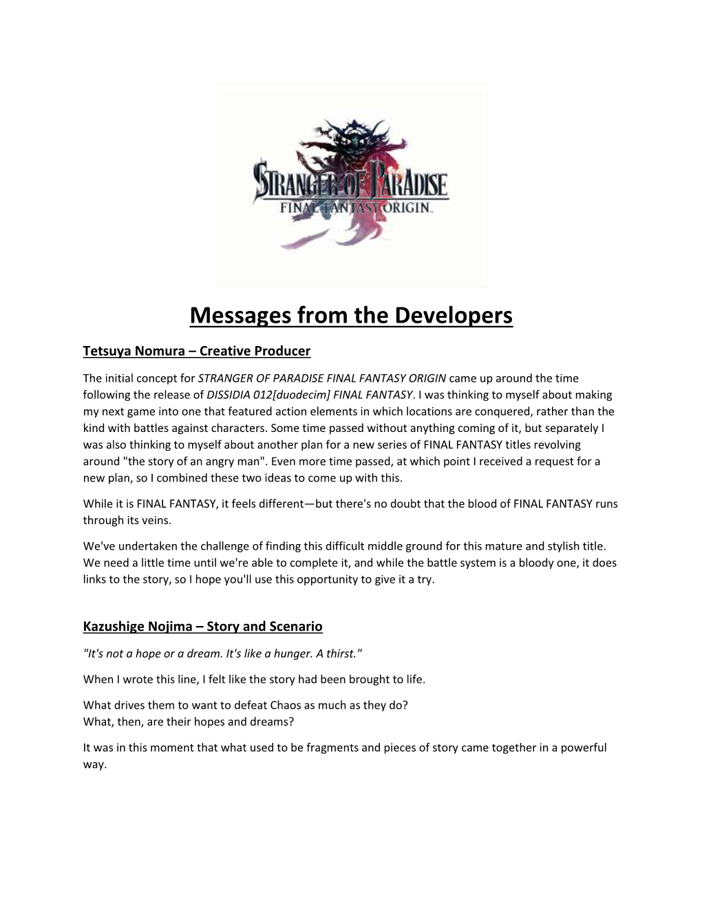 Messages from the Developers