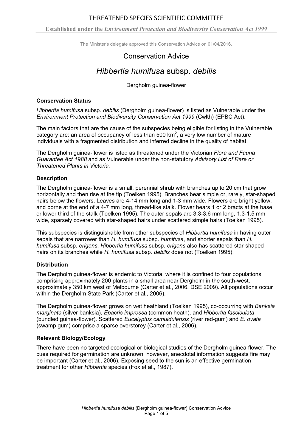 Conservation Advice Hibbertia Humifusa Subsp. Debilis Dergholm