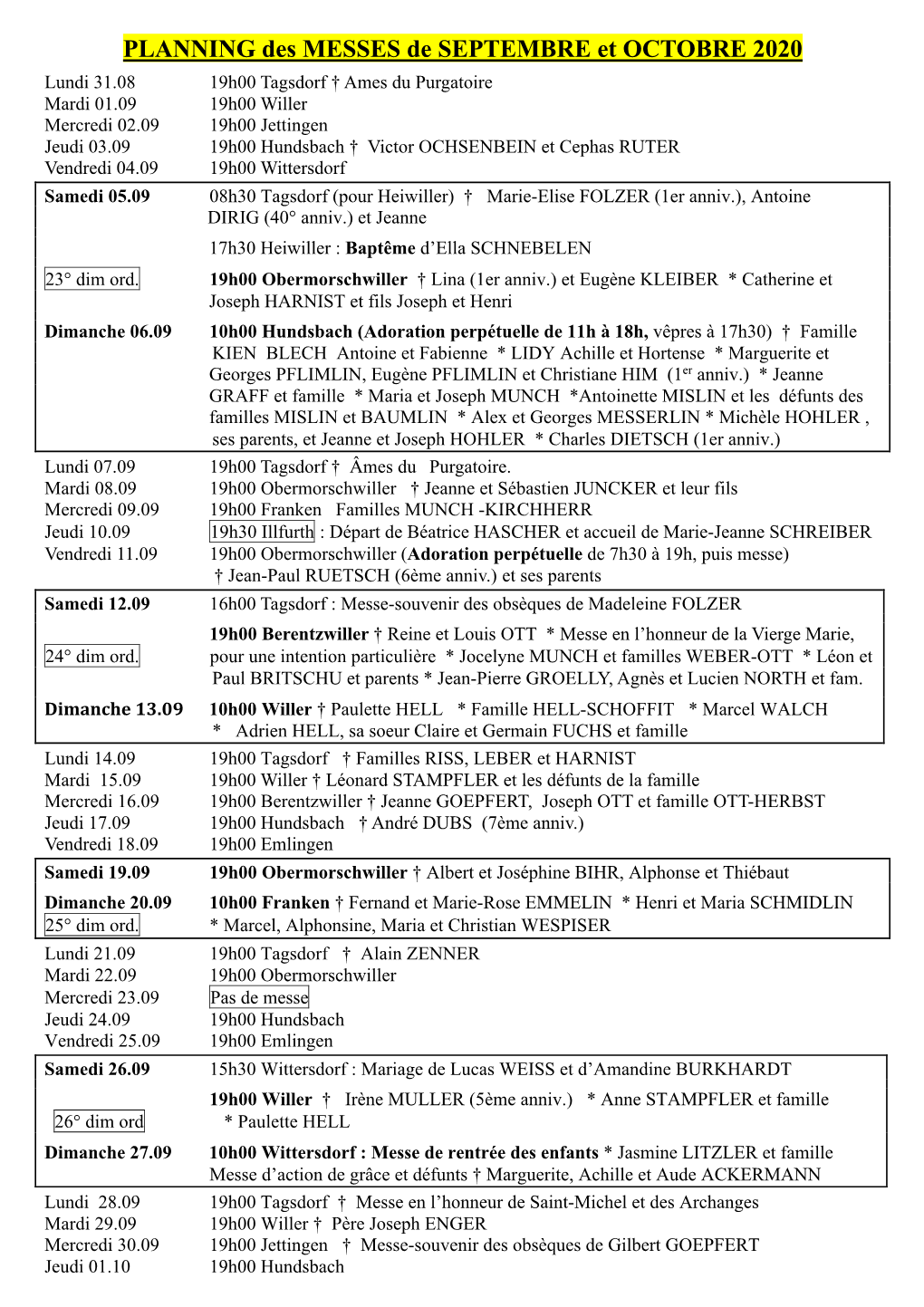 PLANNING Des MESSES De SEPTEMBRE Et OCTOBRE 2020