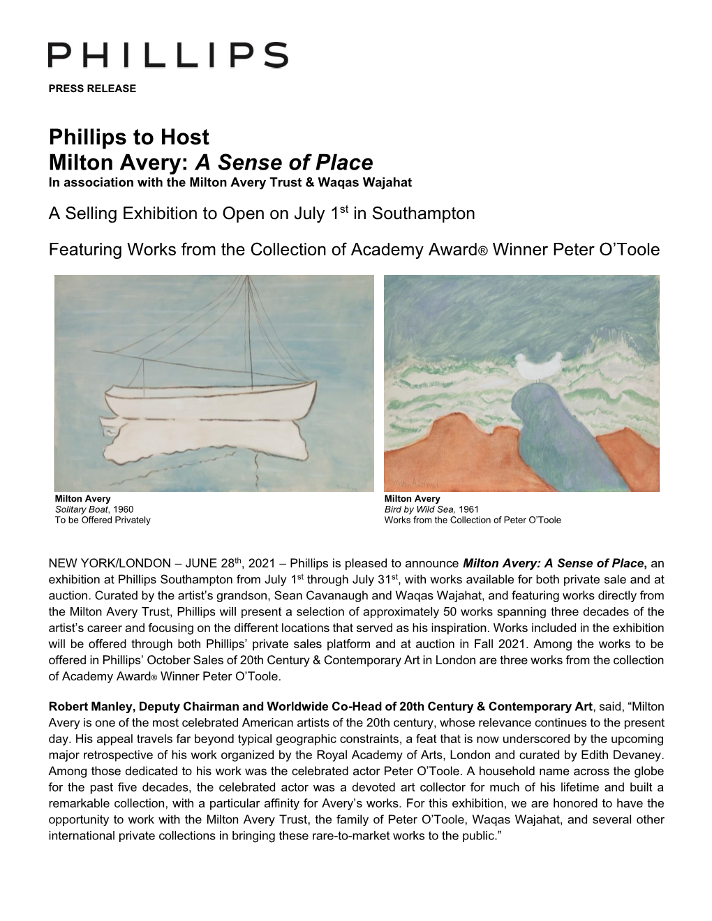 Phillips to Host Milton Avery: a Sense of Place in Association with the Milton Avery Trust & Waqas Wajahat