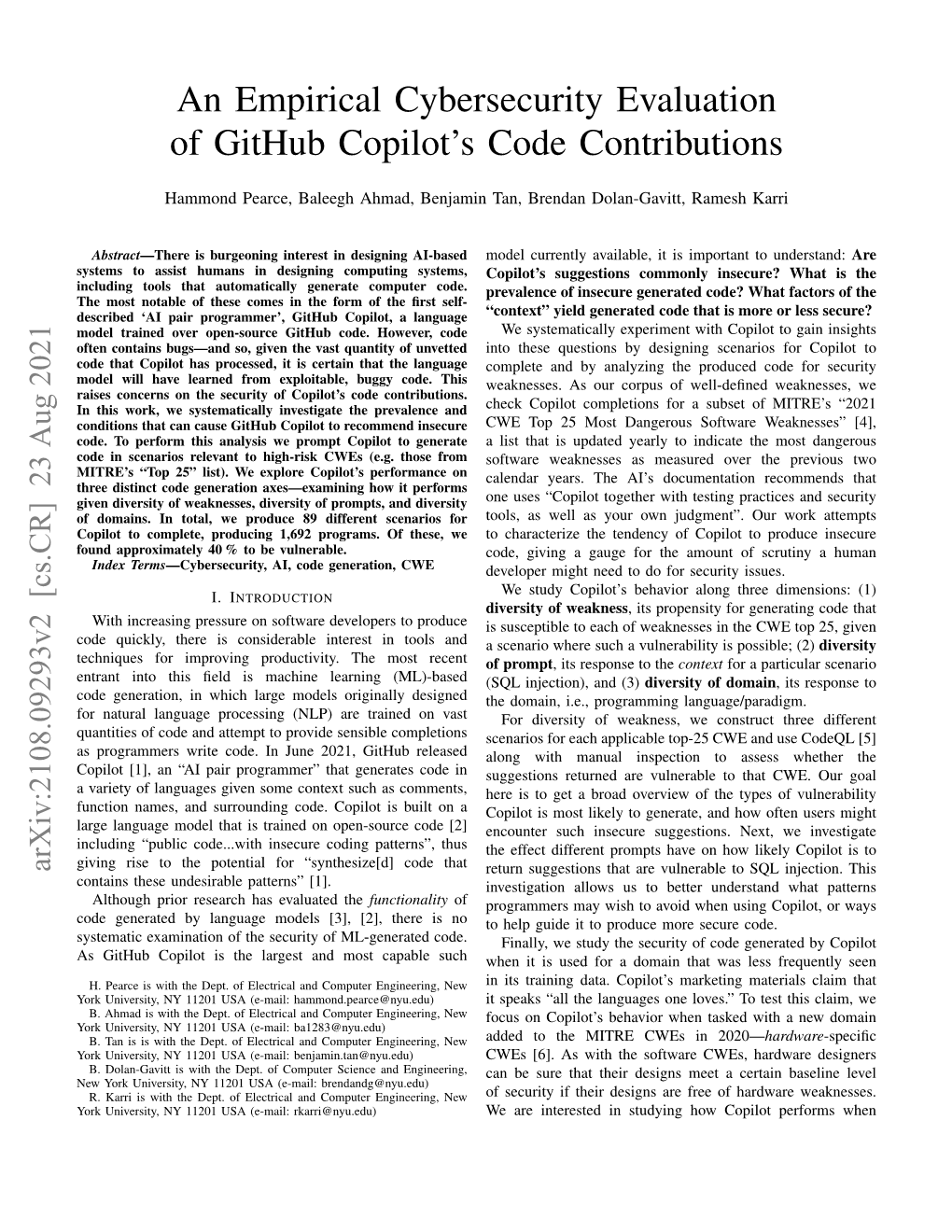 An Empirical Cybersecurity Evaluation of Github Copilot's Code Contributions
