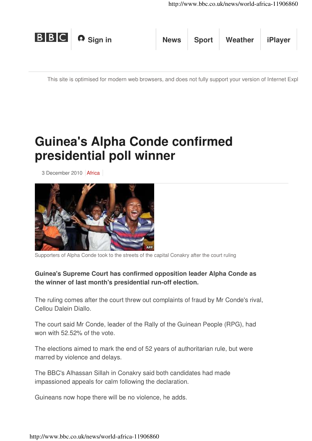 Guinea's Alpha Conde Confirmed Presidential Poll Winner