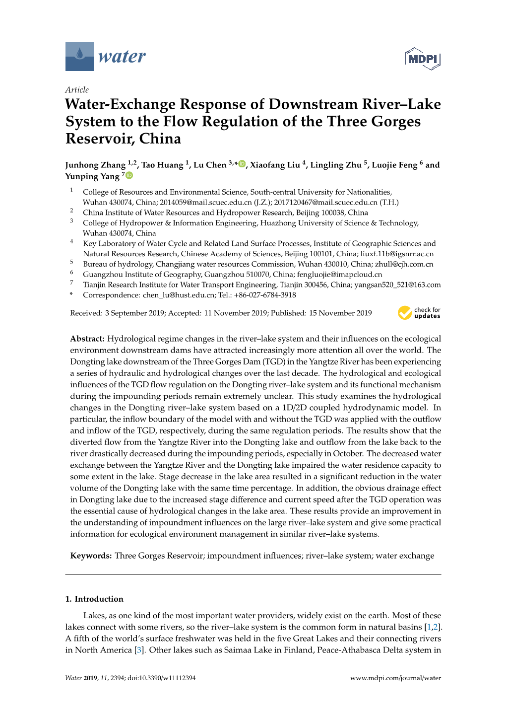 Water-Exchange Response of Downstream River–Lake System to the Flow Regulation of the Three Gorges Reservoir, China