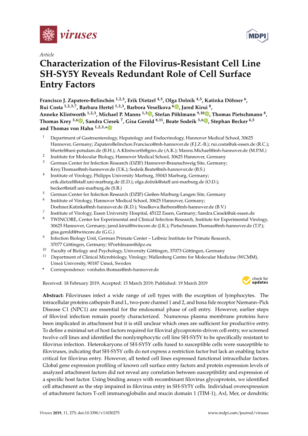 Characterization of the Filovirus-Resistant Cell Line SH-SY5Y Reveals Redundant Role of Cell Surface Entry Factors