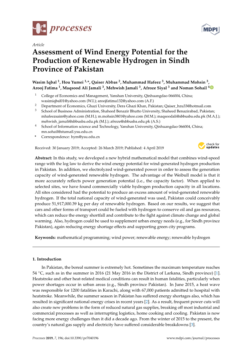Assessment of Wind Energy Potential for the Production of Renewable Hydrogen in Sindh Province of Pakistan