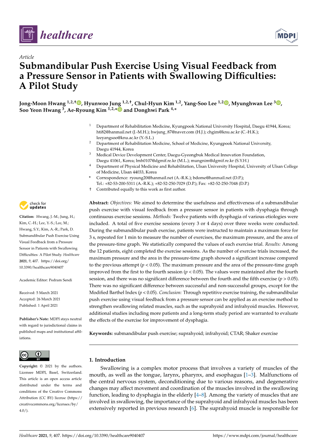 Submandibular Push Exercise Using Visual Feedback from a Pressure Sensor in Patients with Swallowing Difﬁculties: a Pilot Study